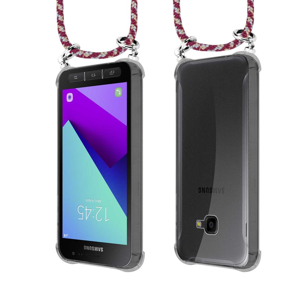 Telefono Samsung con cordino, vista frontale e posteriore in custodia trasparente.