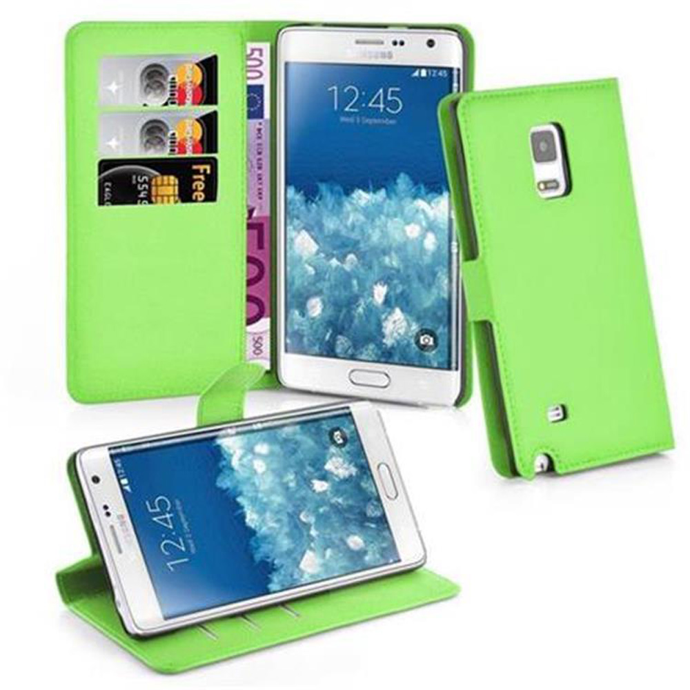Custodia verde per telefono con slot per carte, banconote e due smartphone.