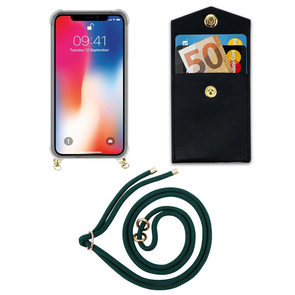 Uno smartphone in custodia, un portafoglio nero con carte e denaro, e un cordoncino verde.