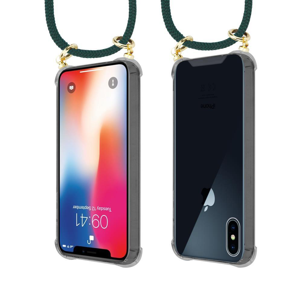 Un iPhone in custodia trasparente con cordino verde