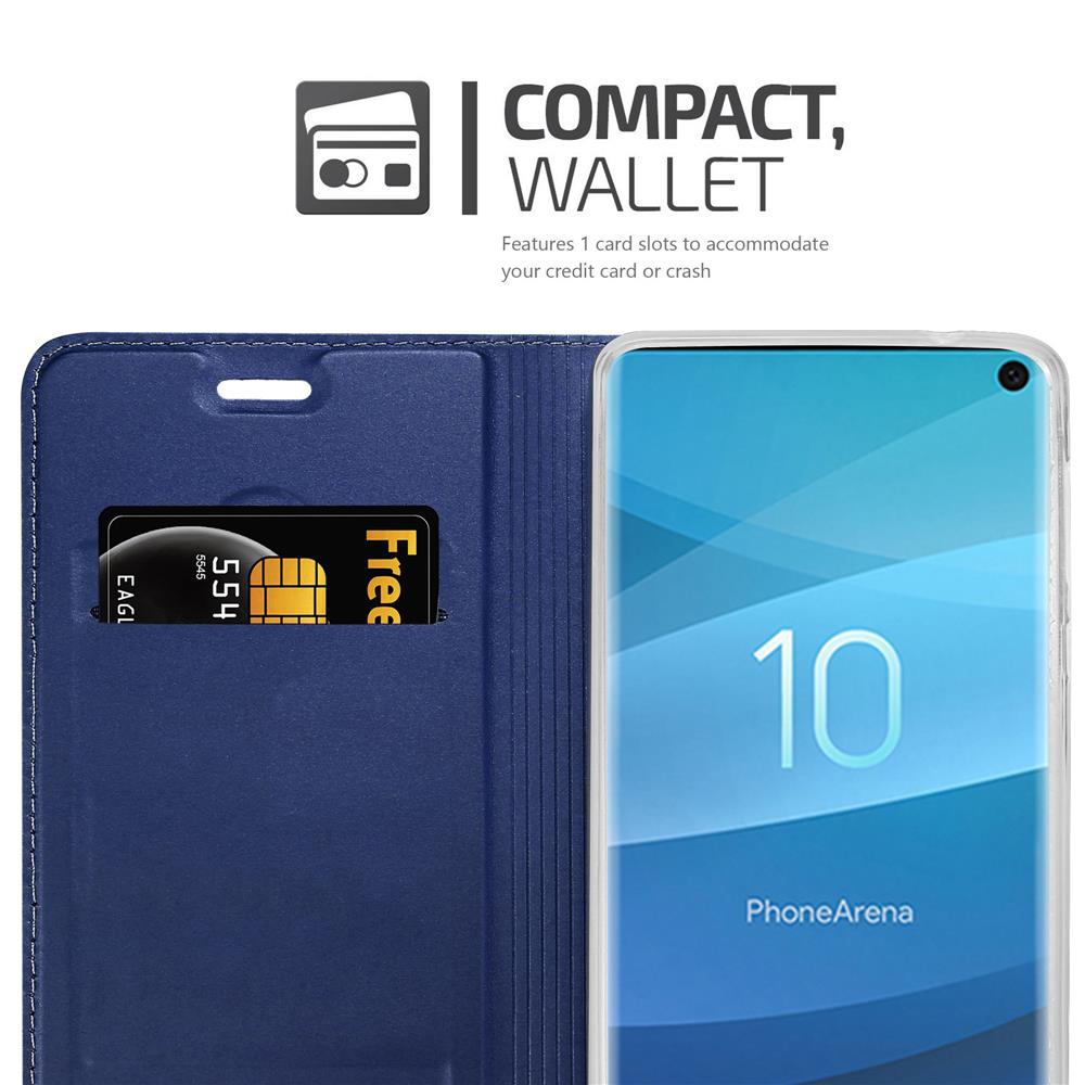 Blaues Wallet-Etui mit einem Fach für Kreditkarten und einem Smartphone.