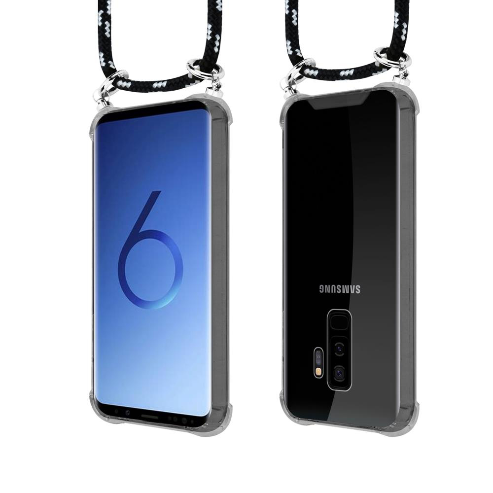 Due smartphone in custodie trasparenti con lacci su sfondo bianco.