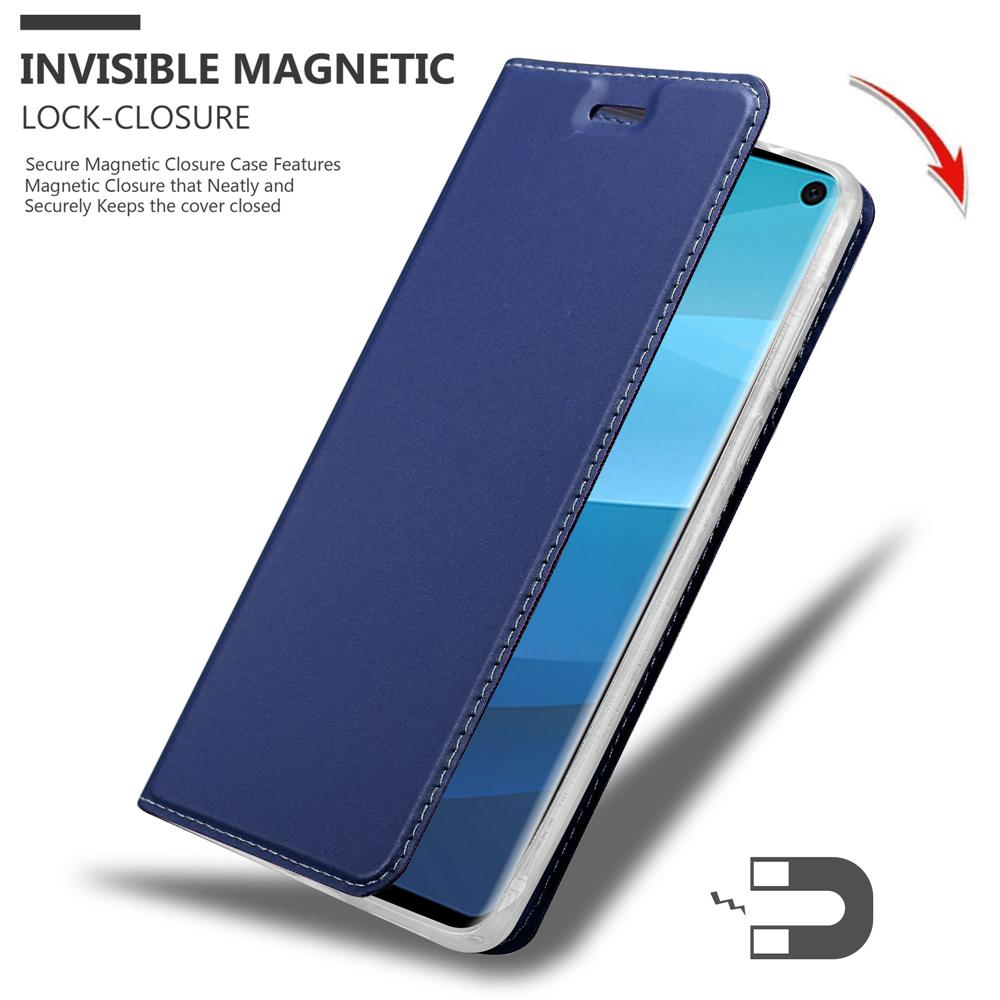 Dunkelblaue Handyhülle mit Magnetverschluss und einem Smartphone darin.