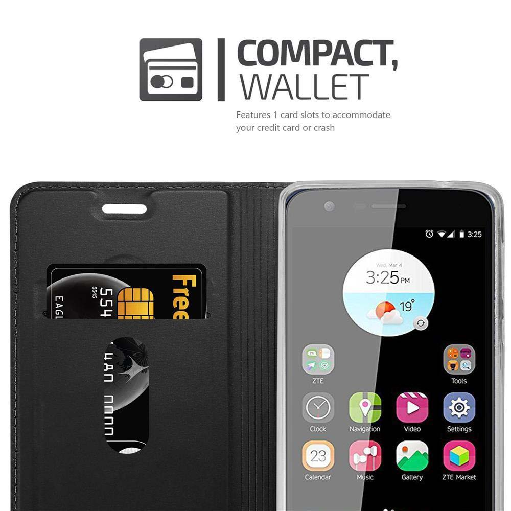 Funda tipo cartera negra mostrando un teléfono inteligente frontal. Contiene tarjetas.