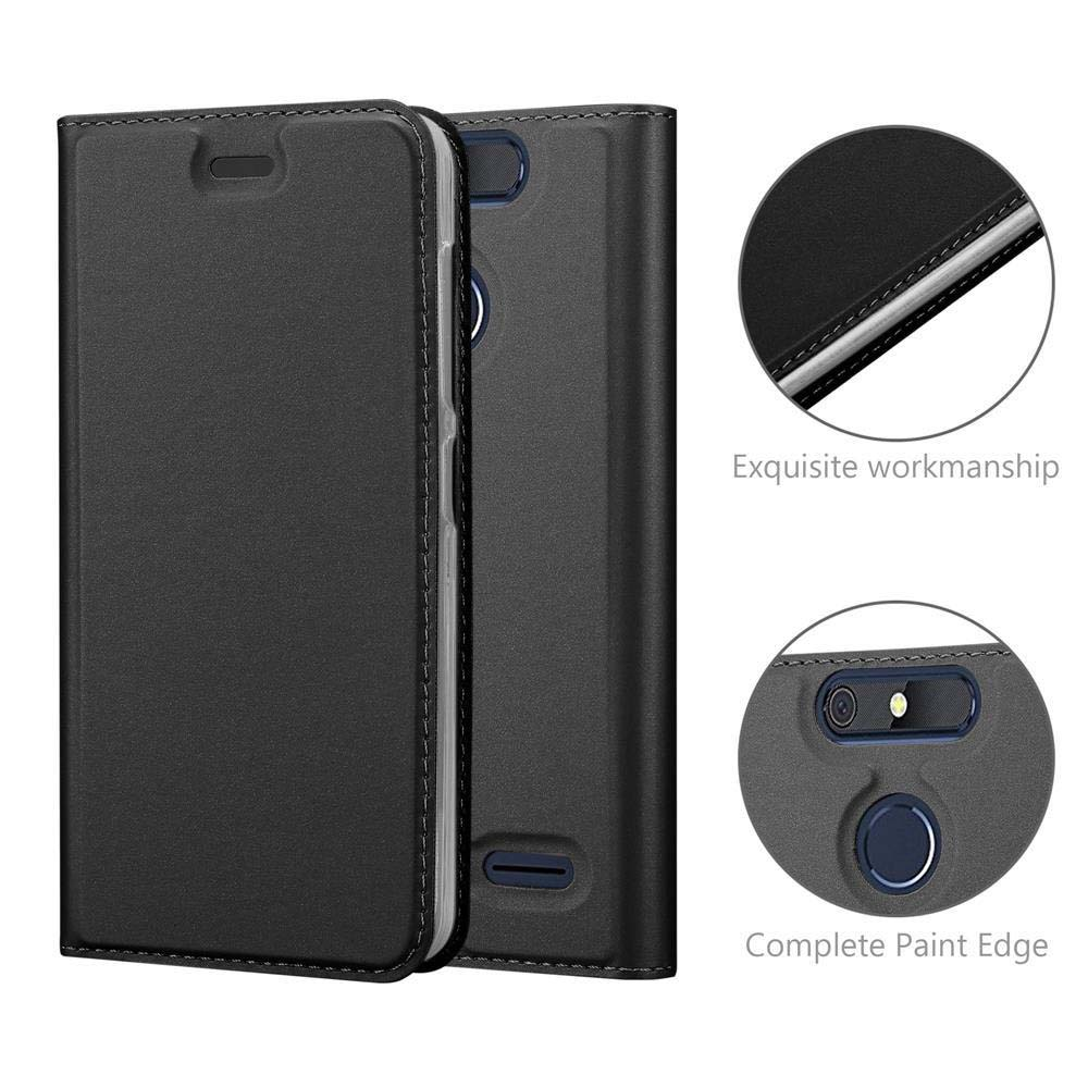 Funda negra para teléfono con primeros planos de costuras y recorte.
