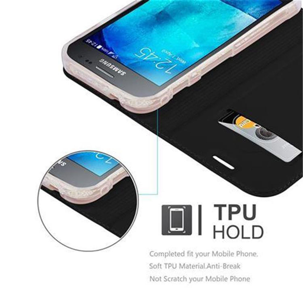 Una custodia nera per telefono mostra un telefono Samsung in un supporto in TPU.