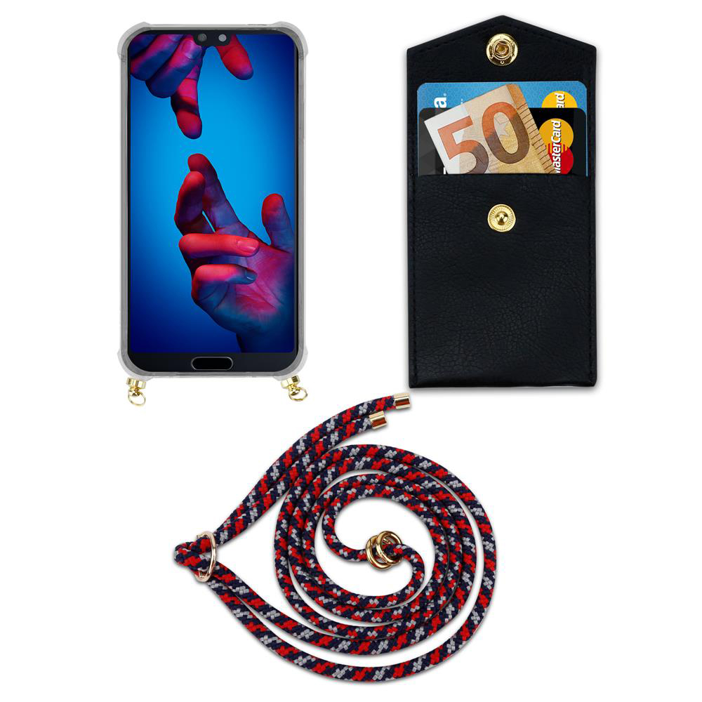 Smartphone con custodia, porta carte con soldi e carte, cordino.