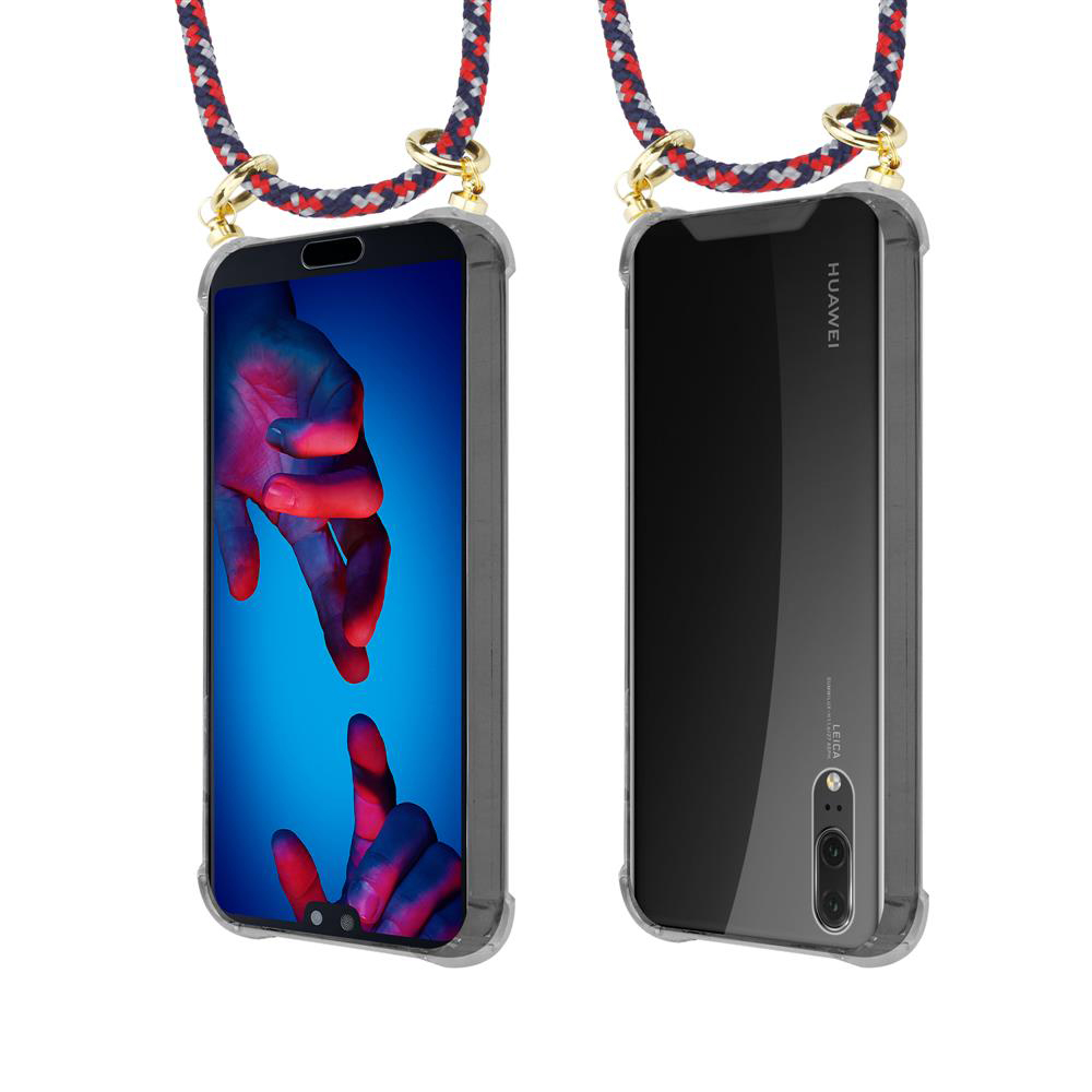 Due telefoni Huawei in custodie trasparenti con cordini. Sinistra fronte, destra retro.