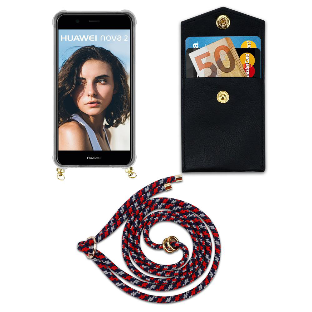Uno smartphone Huawei Nova 2 in custodia, porta carte nero e cordino.
