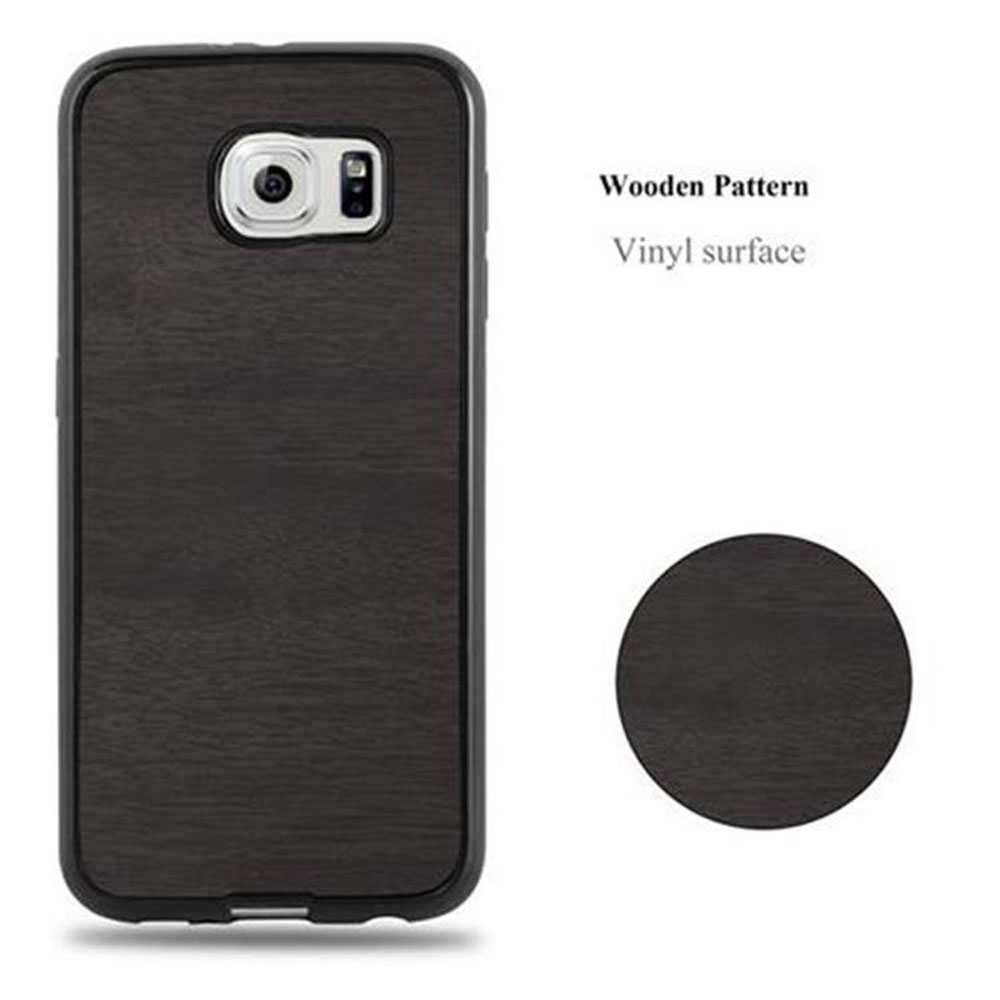 Custodia per telefono grigio scuro con motivo a venature di legno e campione rotondo.