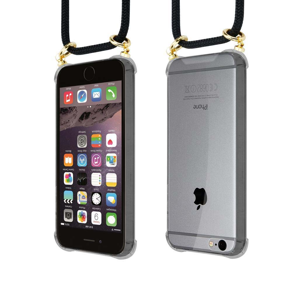 Un iPhone grigio in custodia trasparente con cordino nero. Viste fronte e retro.