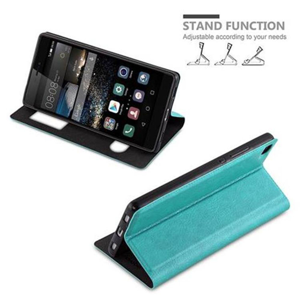 Uno smartphone in una custodia turchese che funge da supporto. Diagrammi sono mostrati accanto.