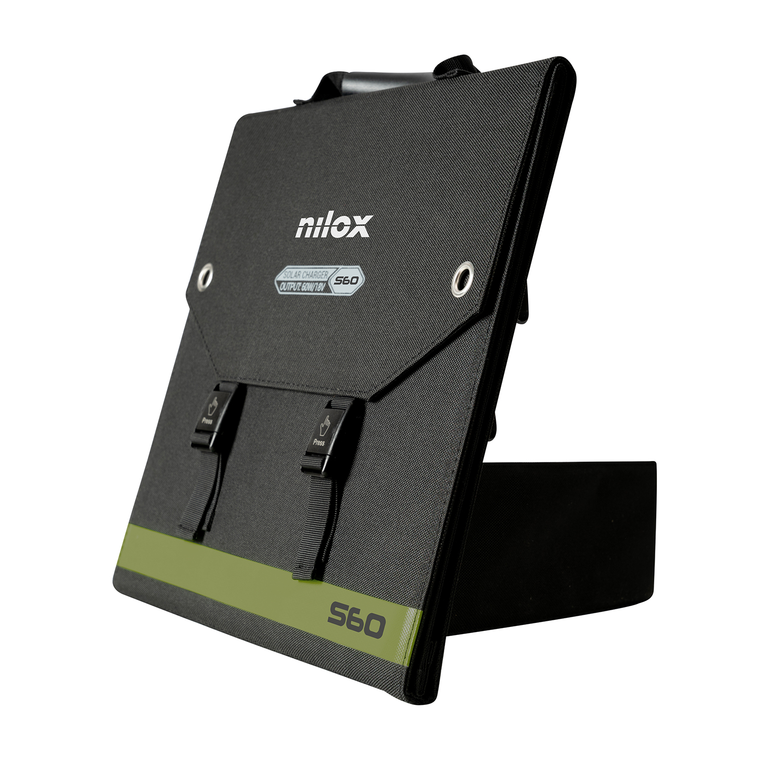 Czarny, składany panel słoneczny z zielonym paskiem i napisem S60.