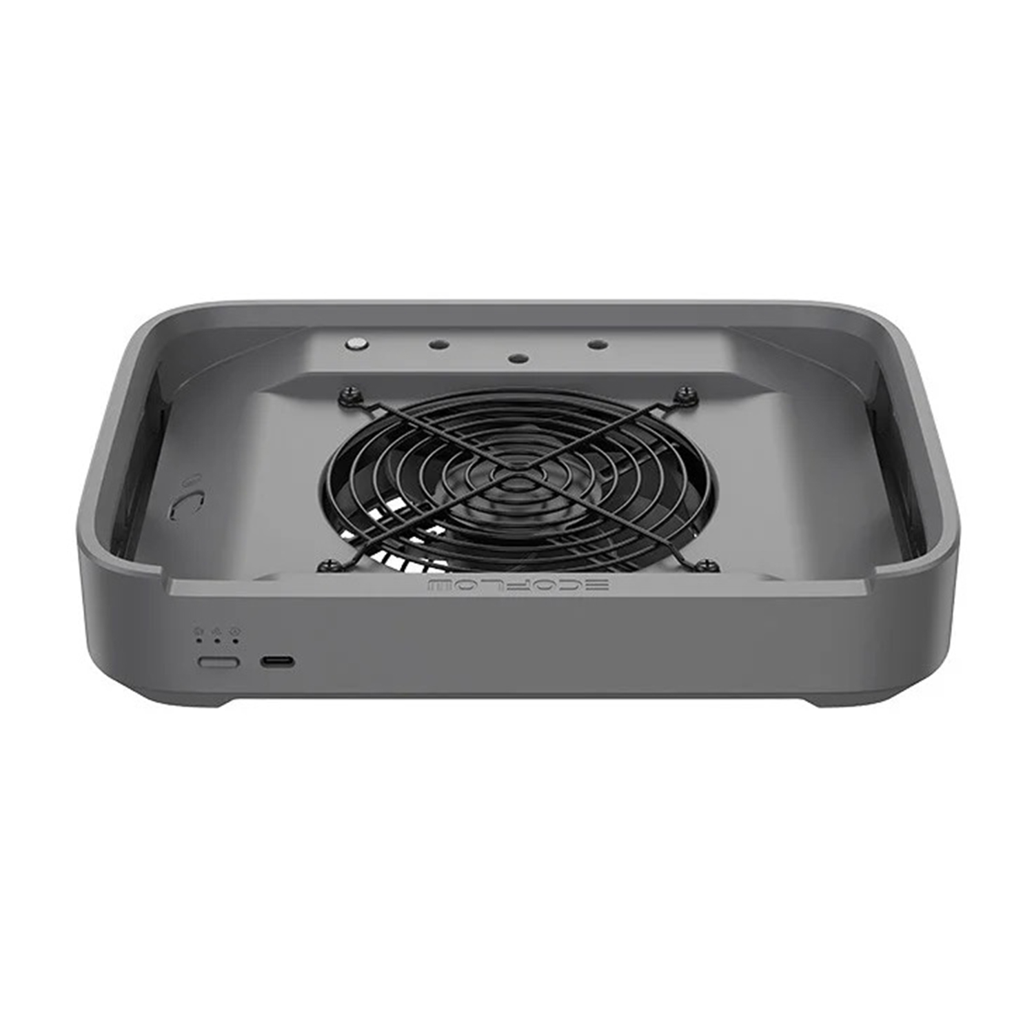 Szary wentylator z czarną kratką i portem USB-C.