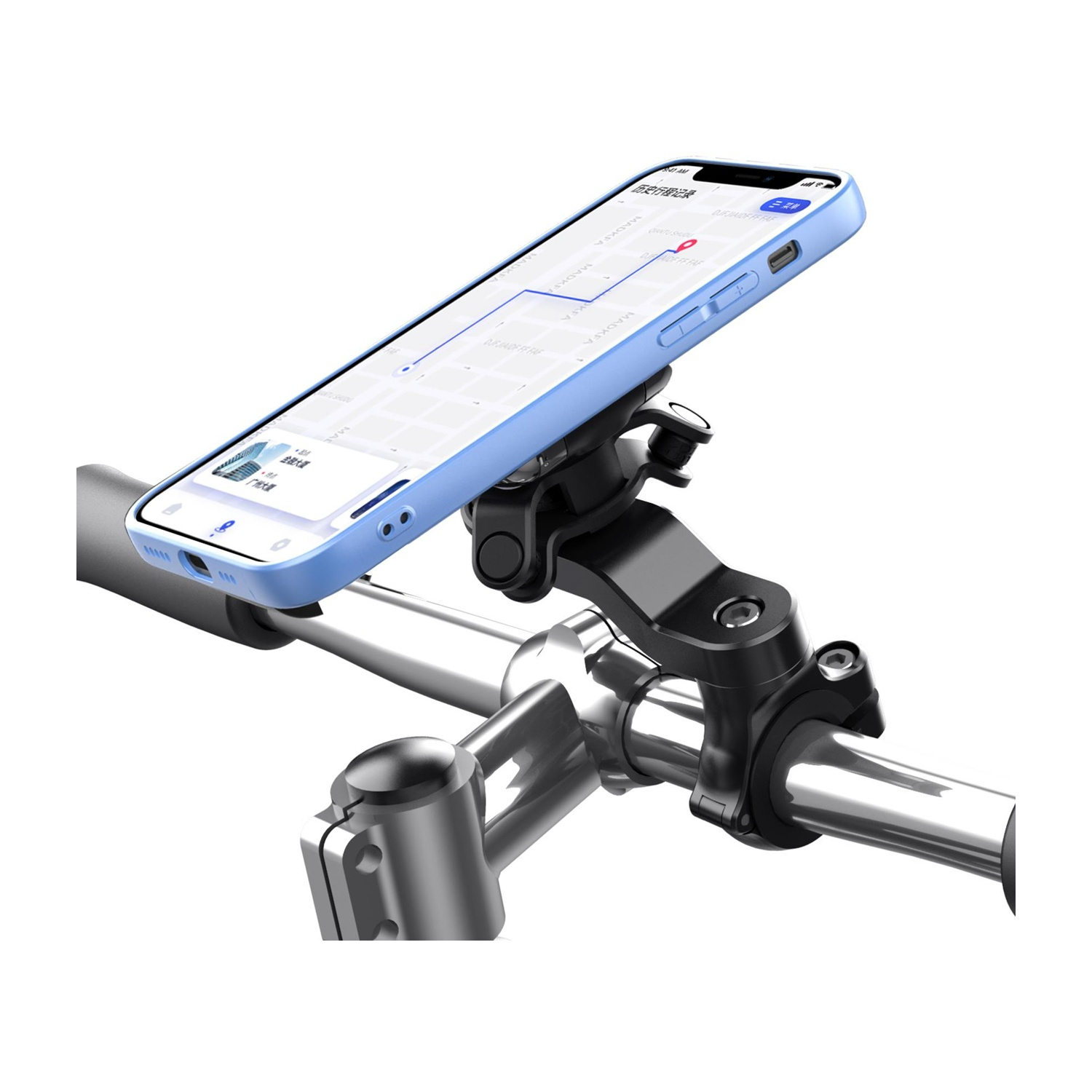 Un telefono azzurro su supporto per manubrio da bicicletta su manubrio argentato.