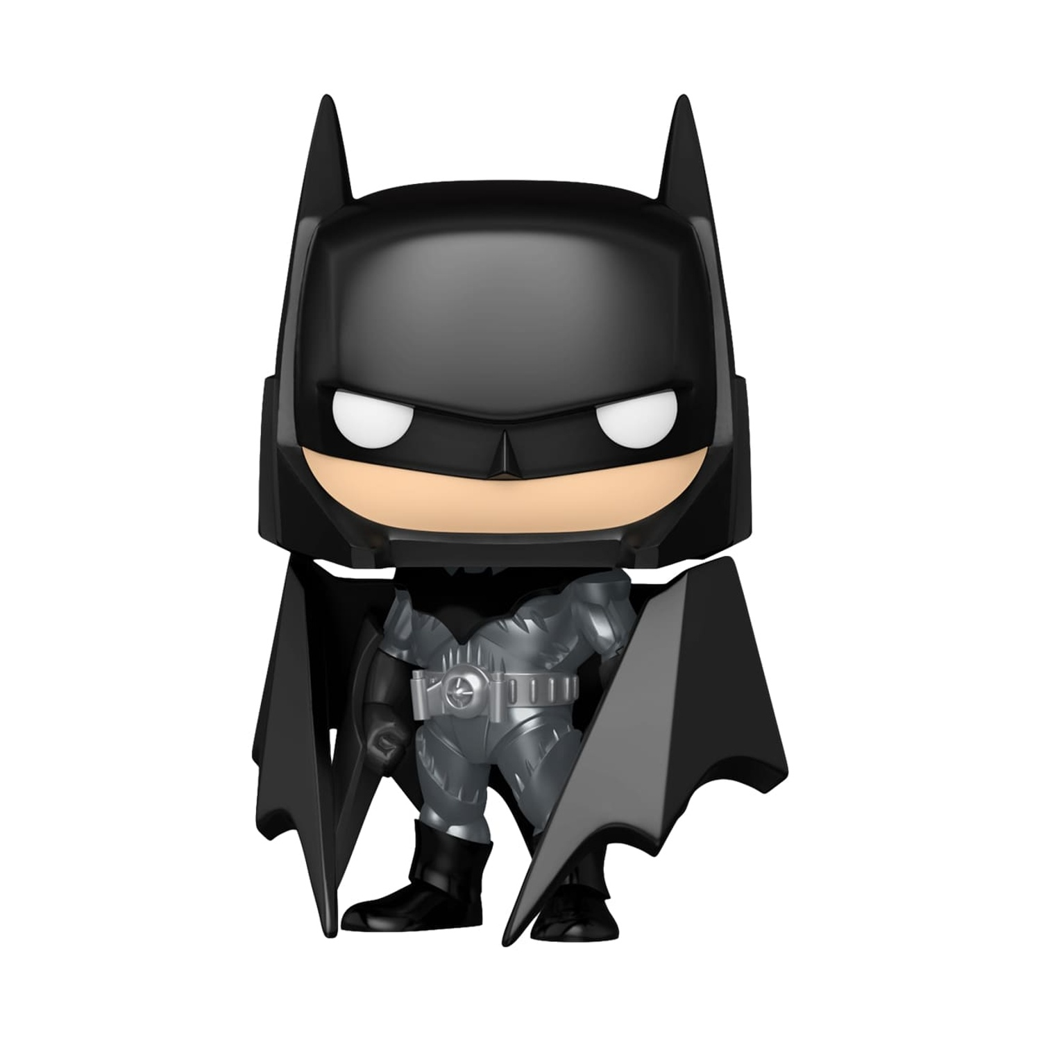 Figura Funko Pop de Batman en negro, traje gris y capa negra.