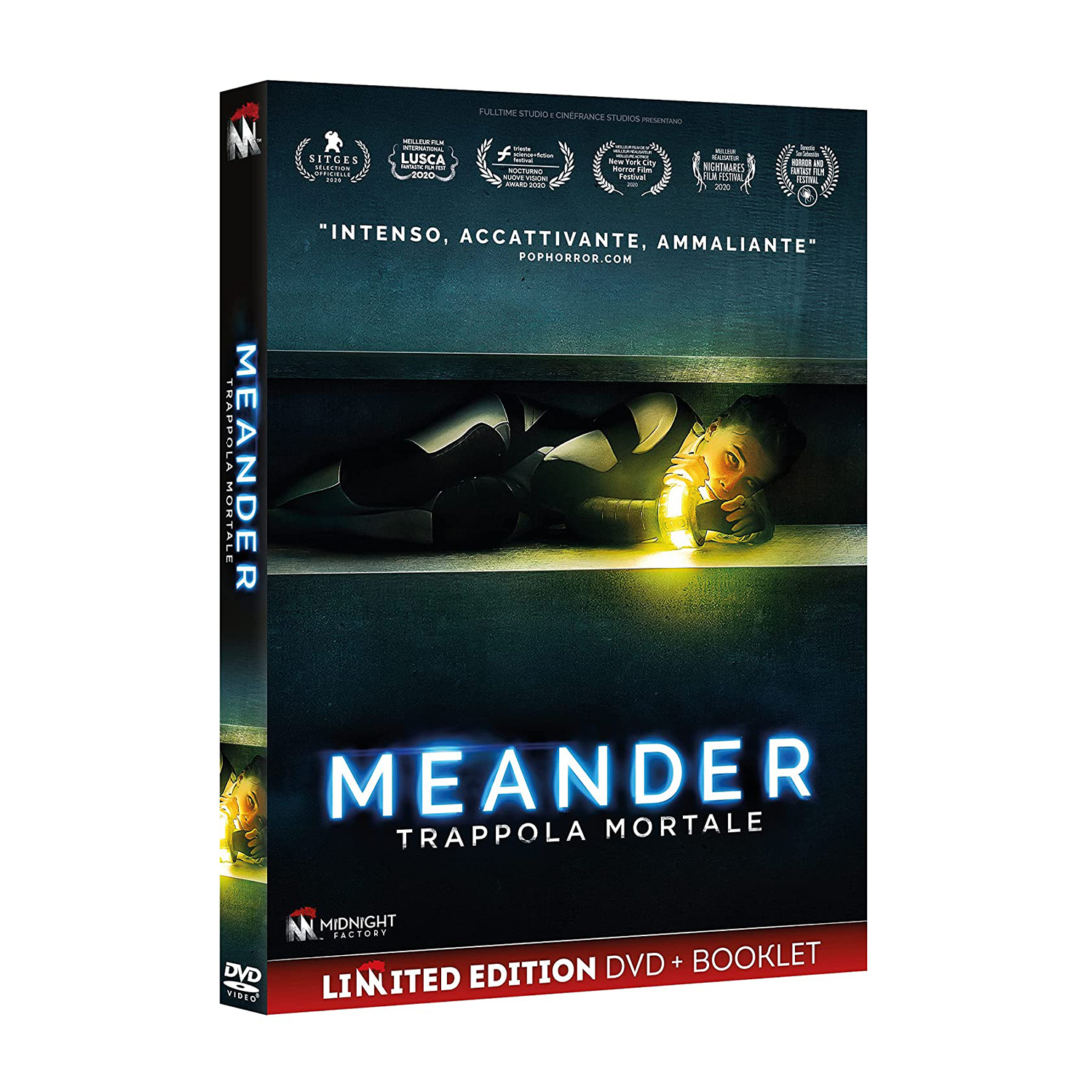 Una donna striscia sulle scale con una torcia, copertina DVD intitolata MEANDER.