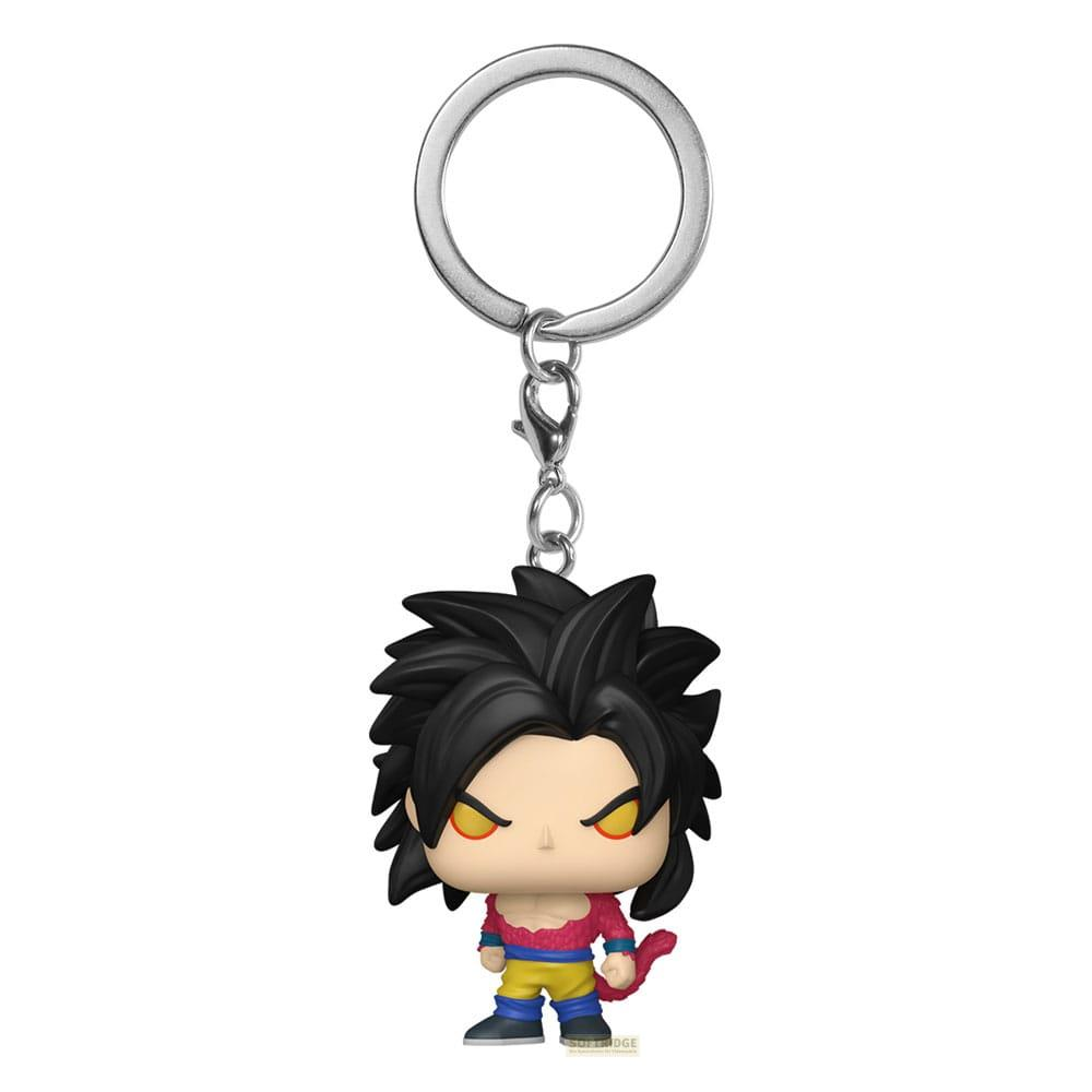 Portachiavi Funko Pop nero con figura in stile anime, indossa abiti rossi, blu e gialli.
