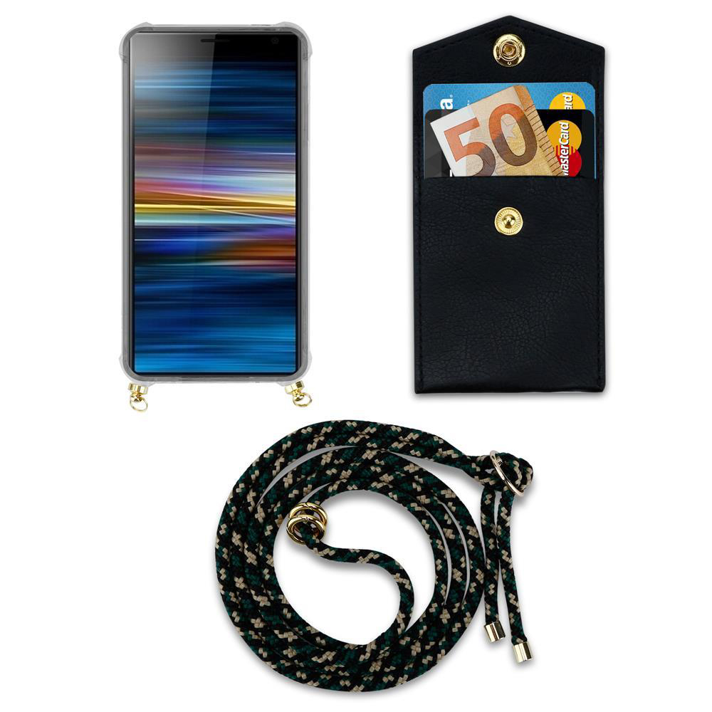 Ein Smartphone in einer Hülle, eine schwarze Brieftasche mit Karten und Geld, und eine Kordel.
