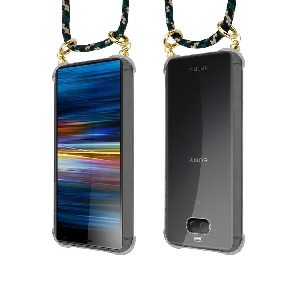 Smartphone mit transparentem Gehäuse und Schnur, Vorder- und Rückseite.