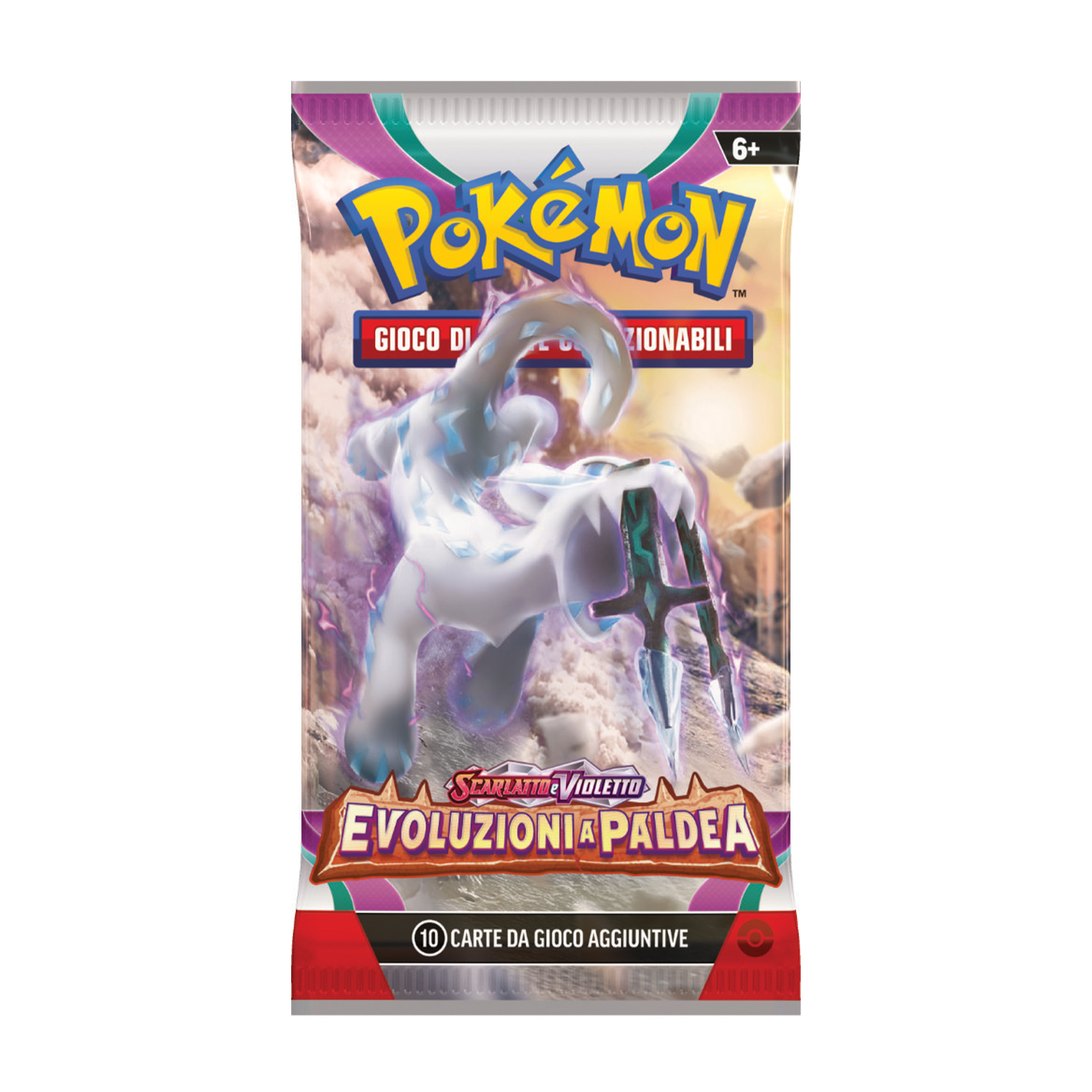 Pokémon-Sammelkartenspiel-Erweiterungspackung mit einem weißen Pokémon und einem Schwert.