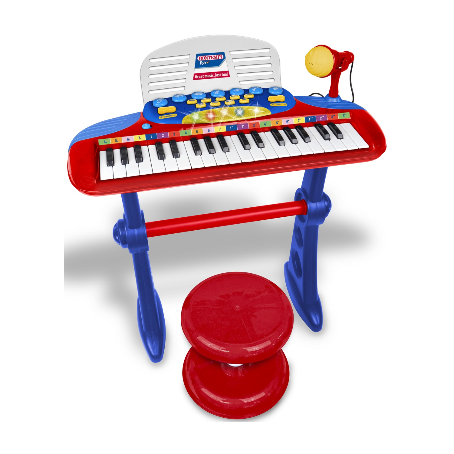 Ein bunter Kinderschlagzeug mit Mikrofon und Hocker.