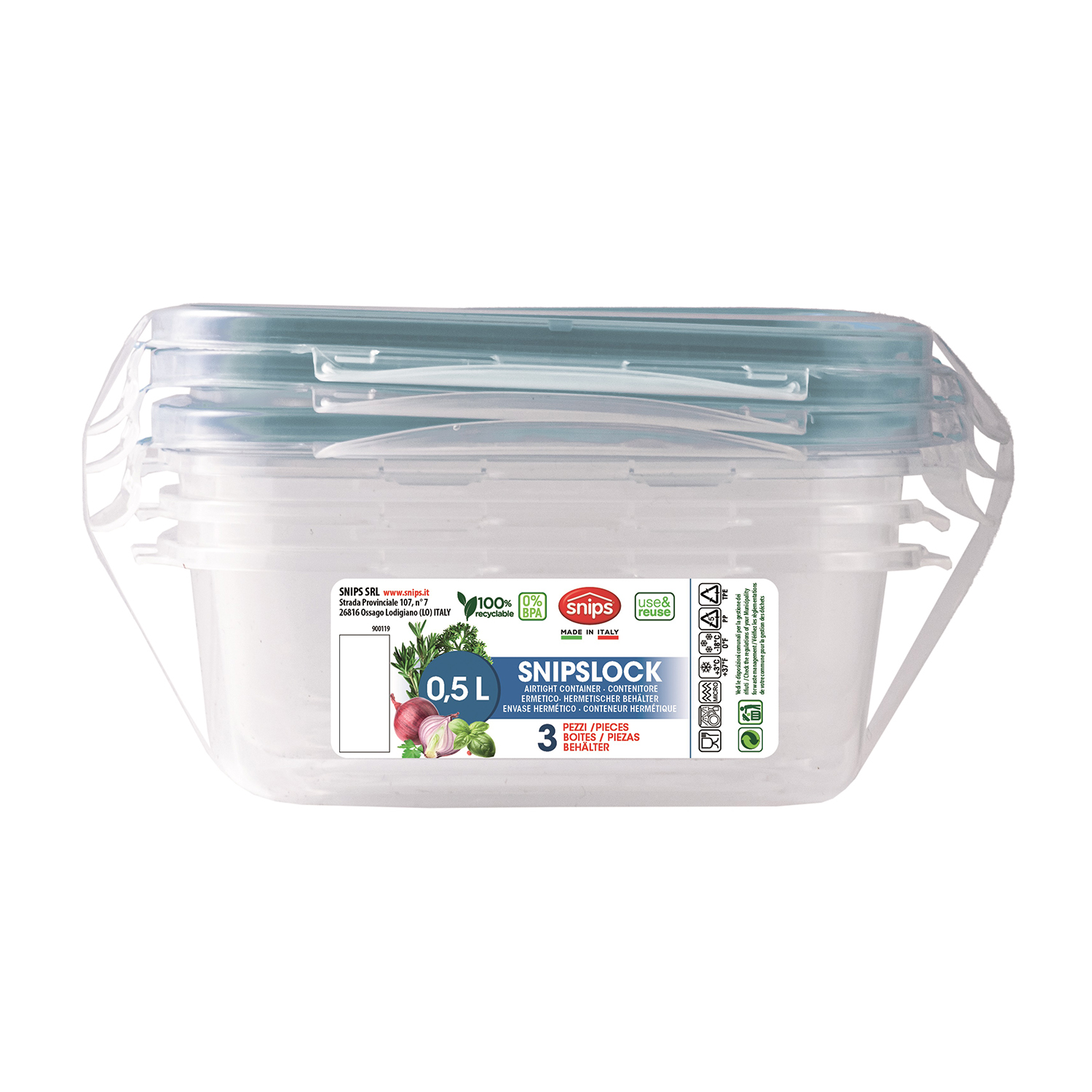 Pila di contenitori trasparenti in plastica con coperchi blu, 0,5 L, Made in Italy.