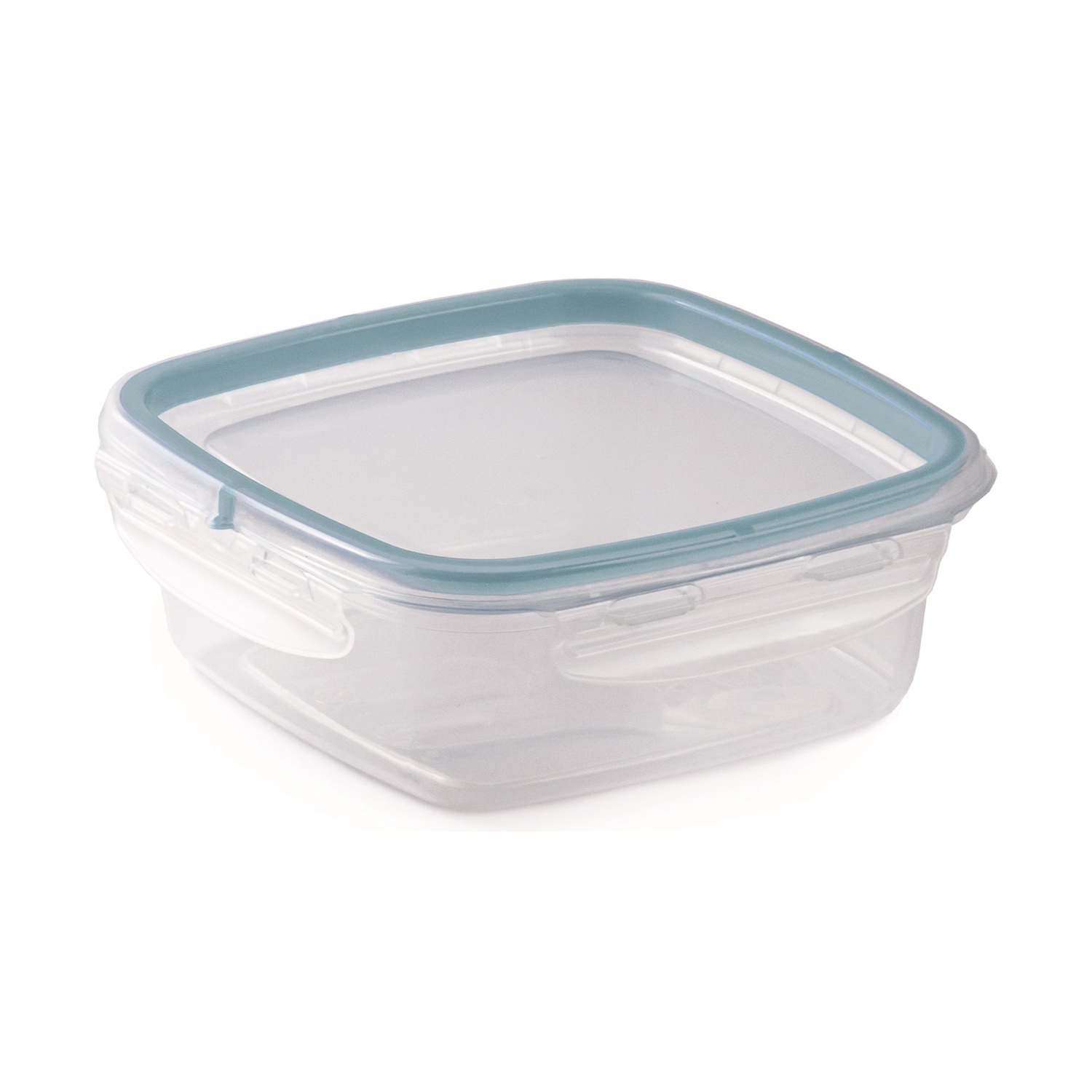 Un contenitore per alimenti rettangolare trasparente con coperchio blu e clip.