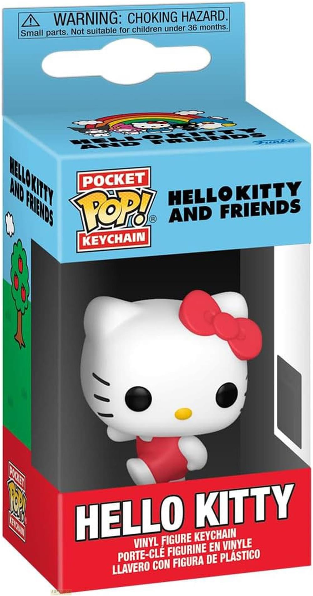 Un portachiavi con figura in vinile di Hello Kitty in confezione con etichetta di avvertenza.