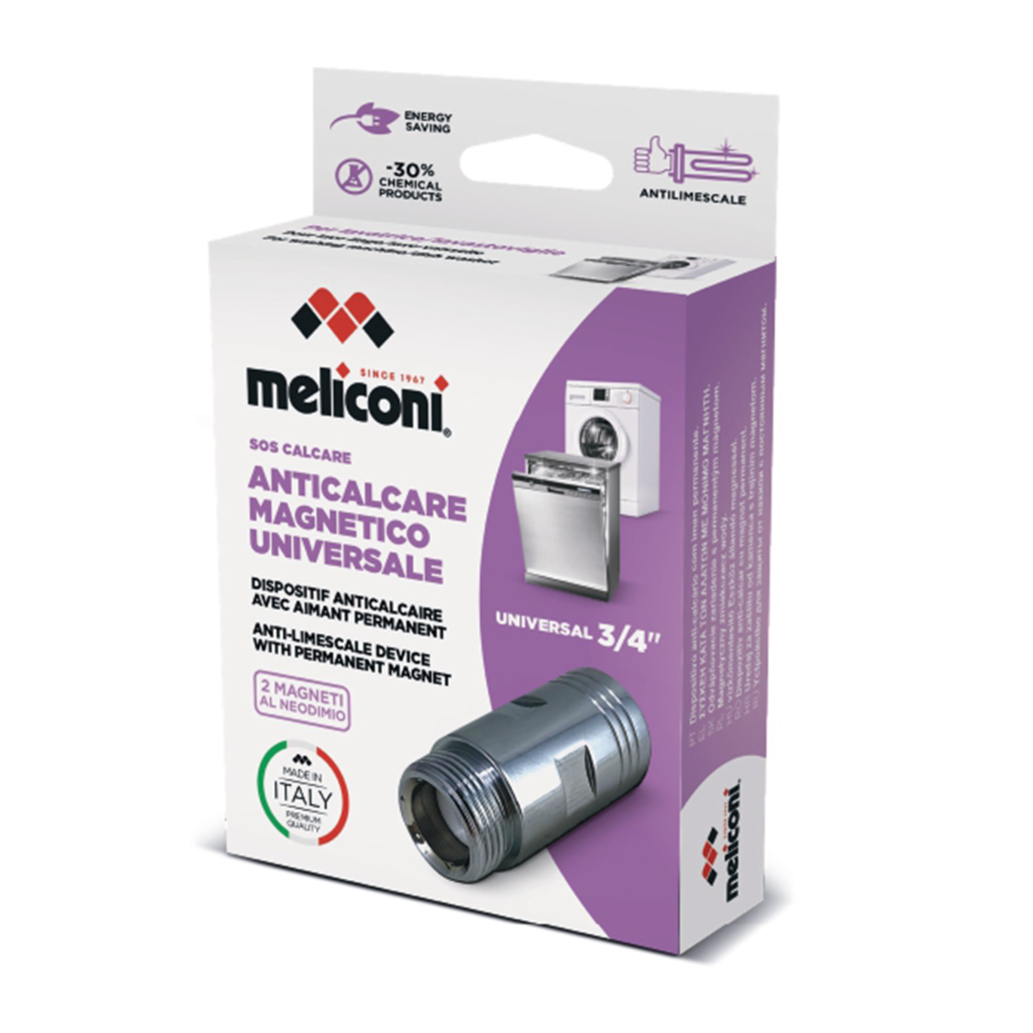 Verpackung für einen Meliconi Magnetisch Universell Antikalk-Filter mit 2 Neodym-Magneten.