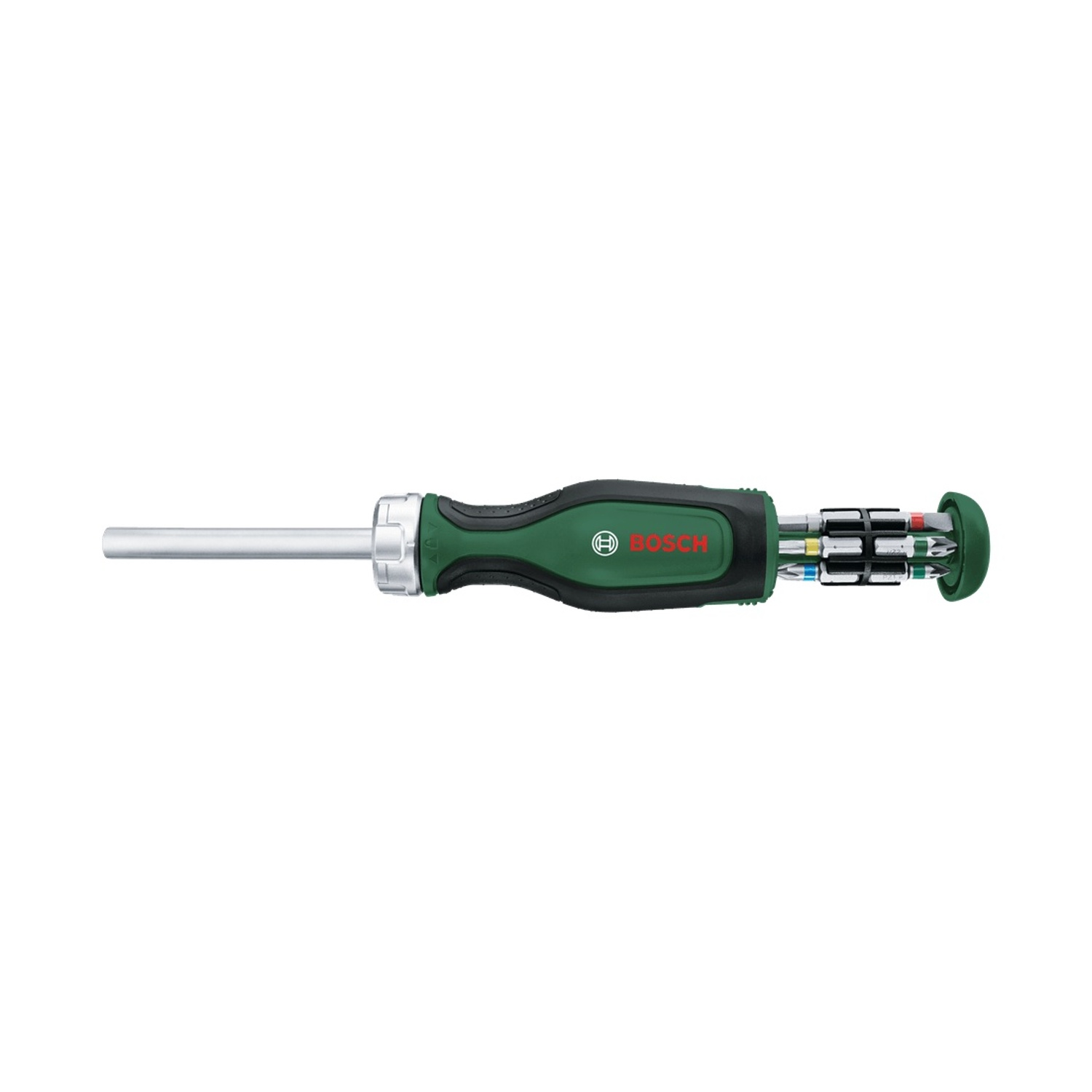 Cacciavite Bosch verde con punte intercambiabili e asta argentata.
