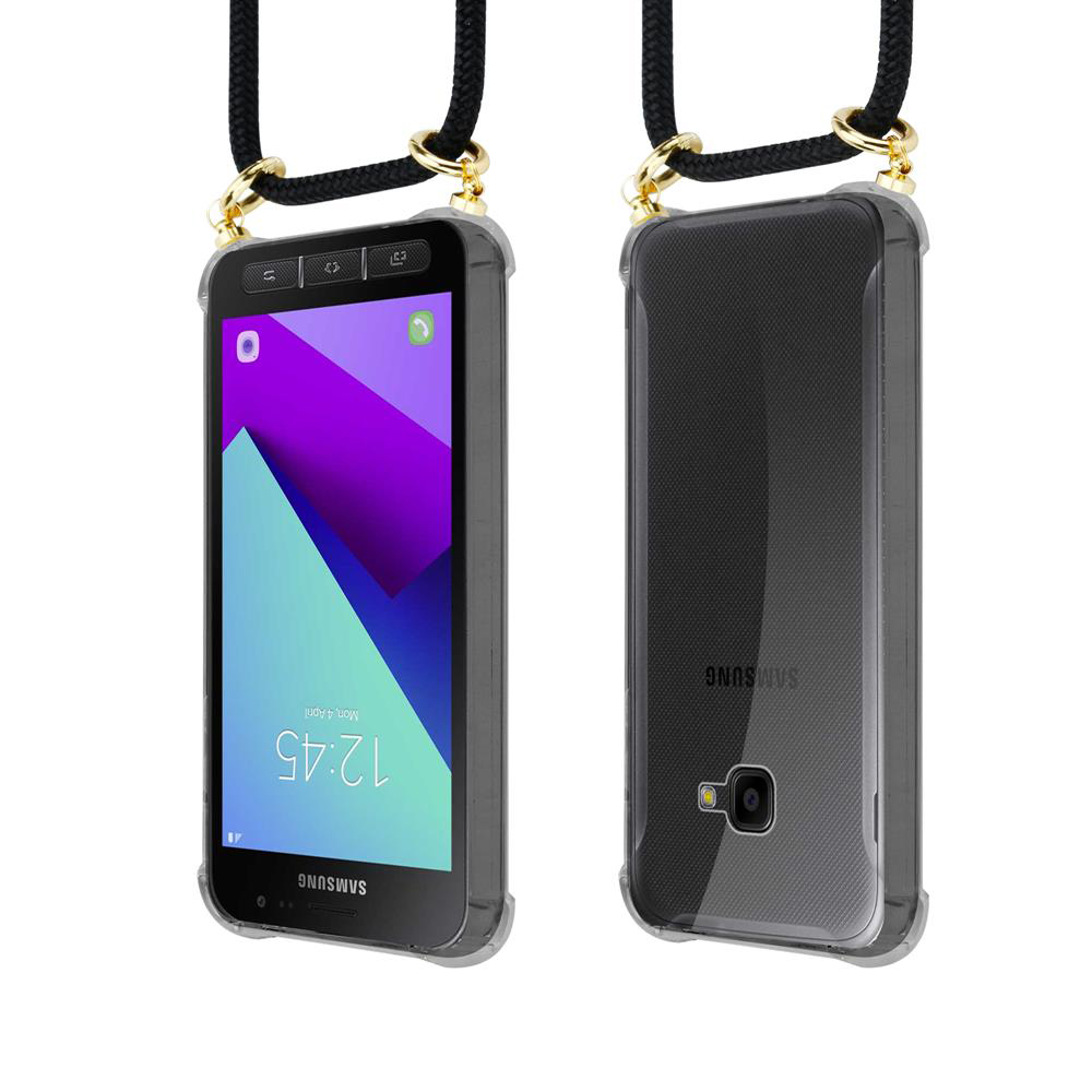 Un Samsung in custodia con laccetto nero, visto fronte e retro.