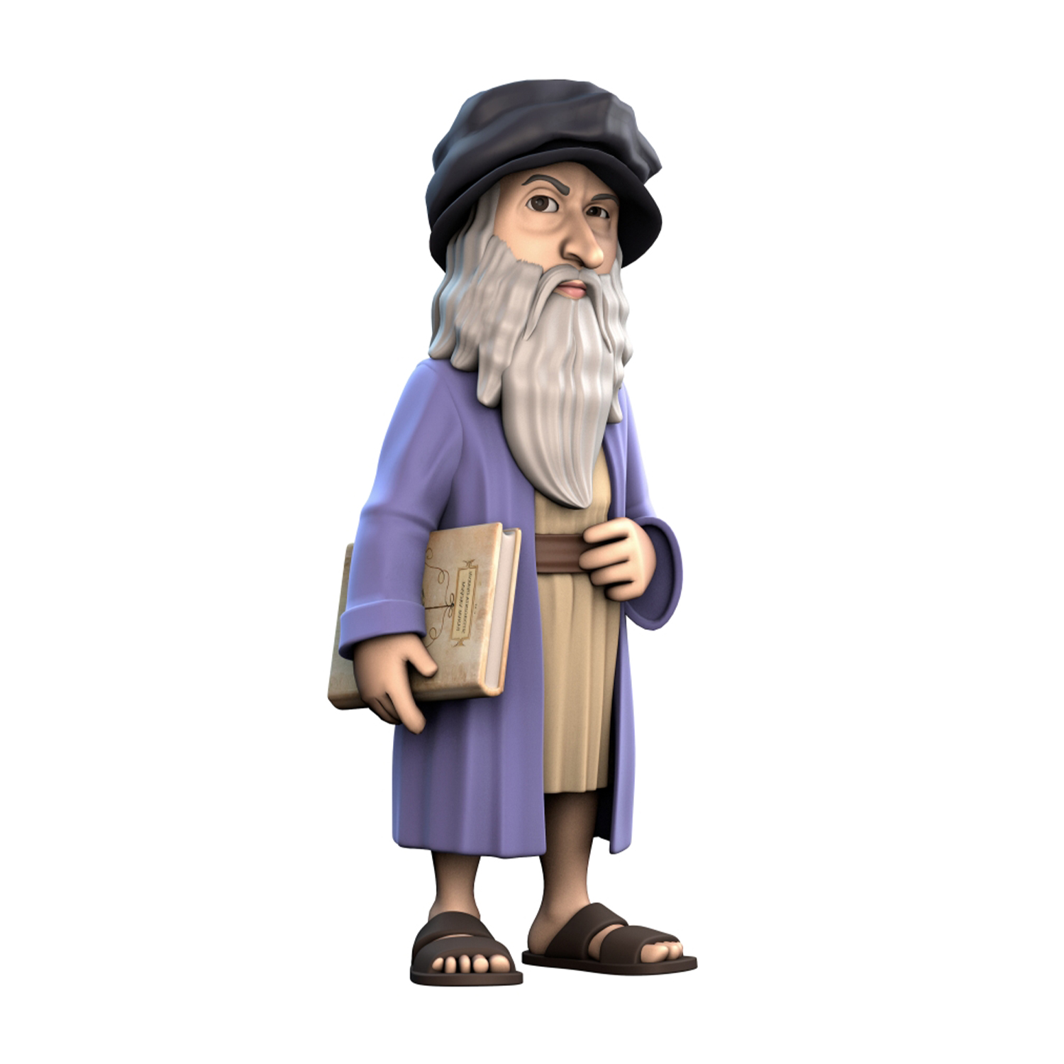 Una figura stilizzata tiene un libro antico. Indossa un berretto e un lungo cappotto.