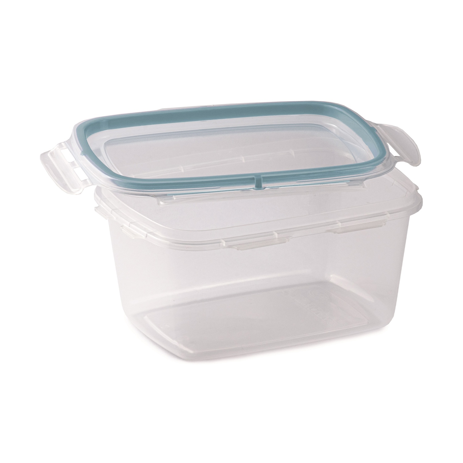 Un contenitore di plastica trasparente con coperchio turchese e clip di bloccaggio.