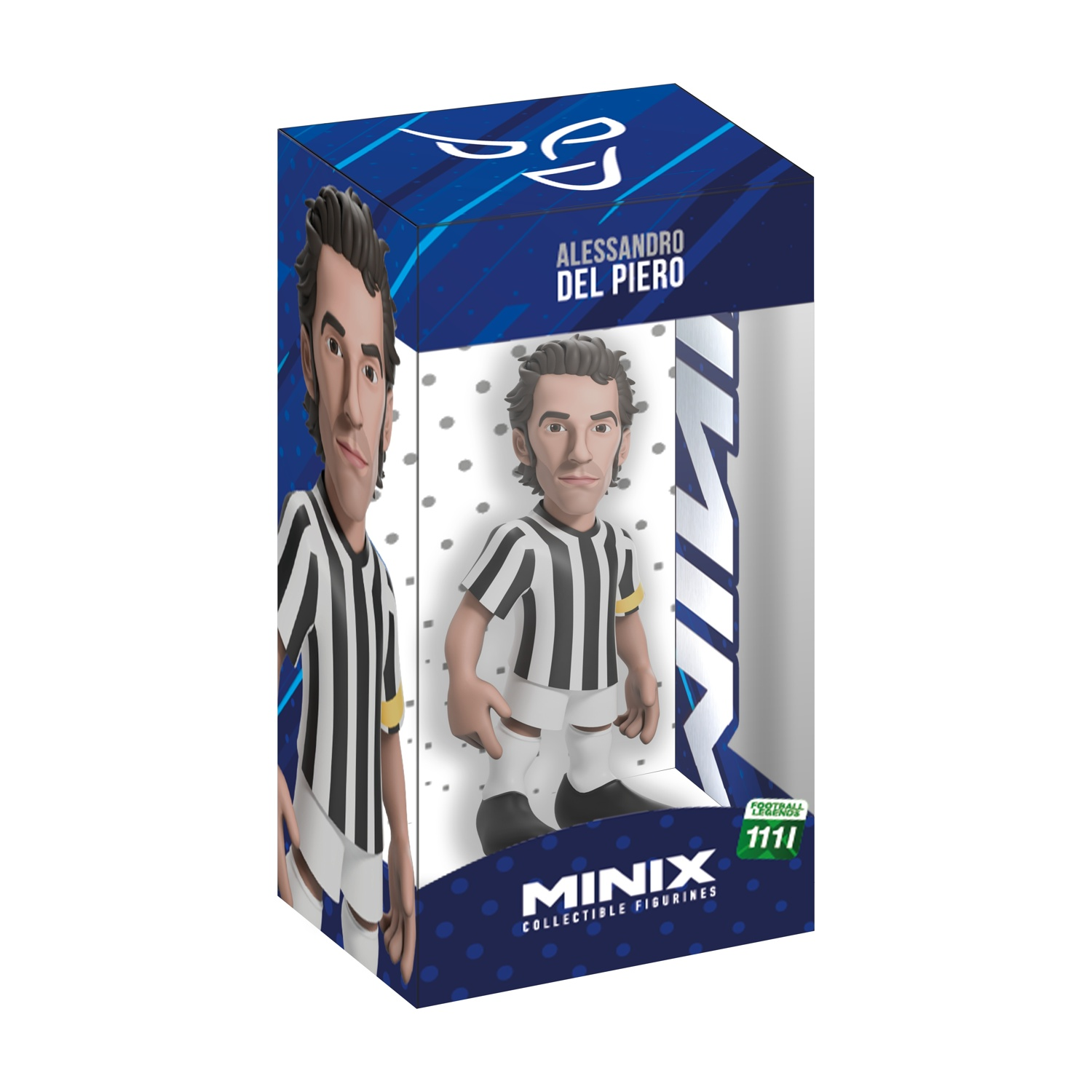 Figurka kolekcjonerska Minix Alessandro Del Piero w stroju Juventusu, w pudełku.