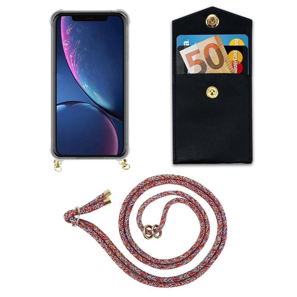 Ein Smartphone mit Hülle, eine schwarze Tasche mit Geld und Karte, und eine bunte Kordel.