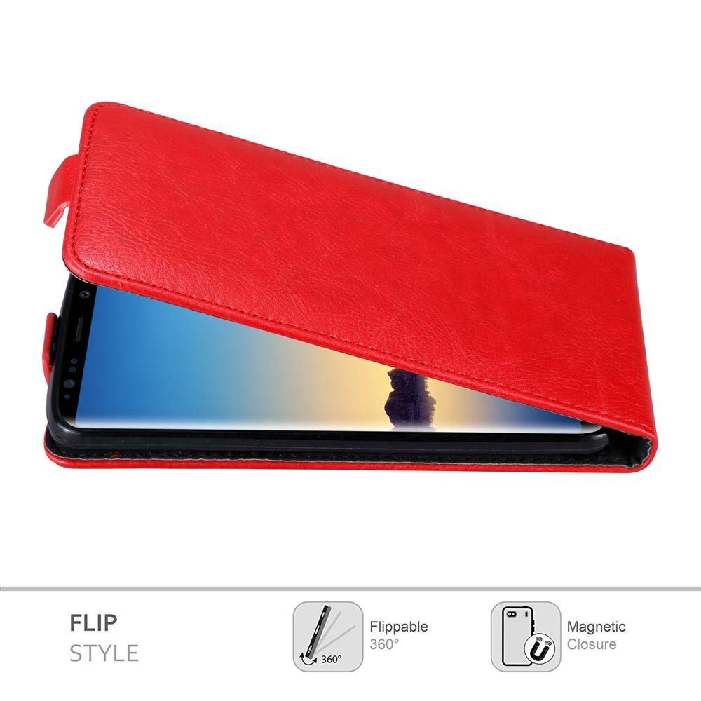 Custodia rossa a flip per telefono con chiusura magnetica, che protegge uno smartphone.