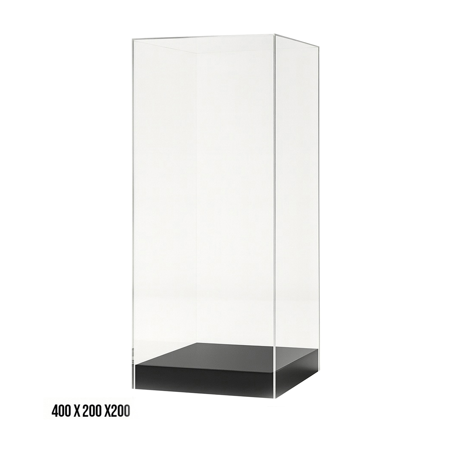 Een rechthoekige, doorzichtige vitrine met een zwarte voet.