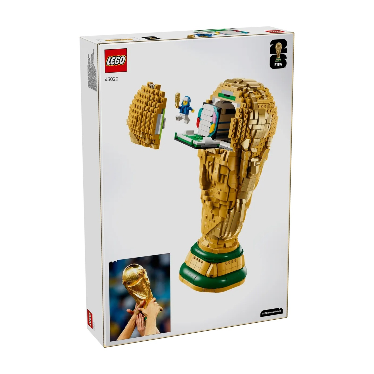 LEGO-doos met Wereldbeker-trofee en minifiguren. Bevat afbeelding van echte trofee.