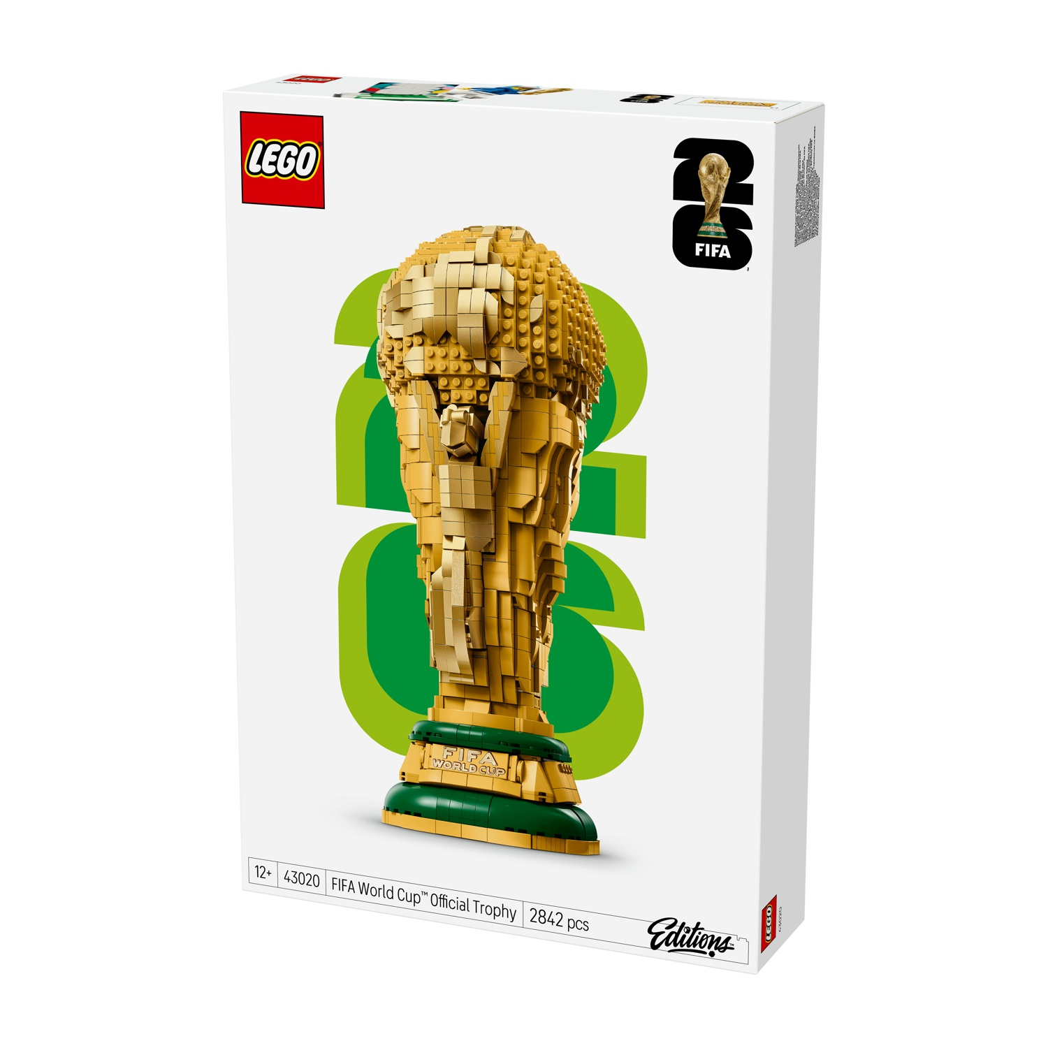 LEGO FIFA Wereldbeker trofee doos met gouden trofee en groene accenten.