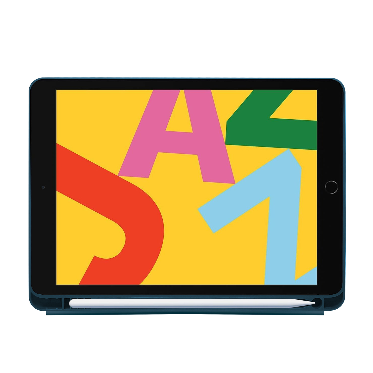 Un tablet blu che mostra uno sfondo colorato con lettere e numeri grandi.