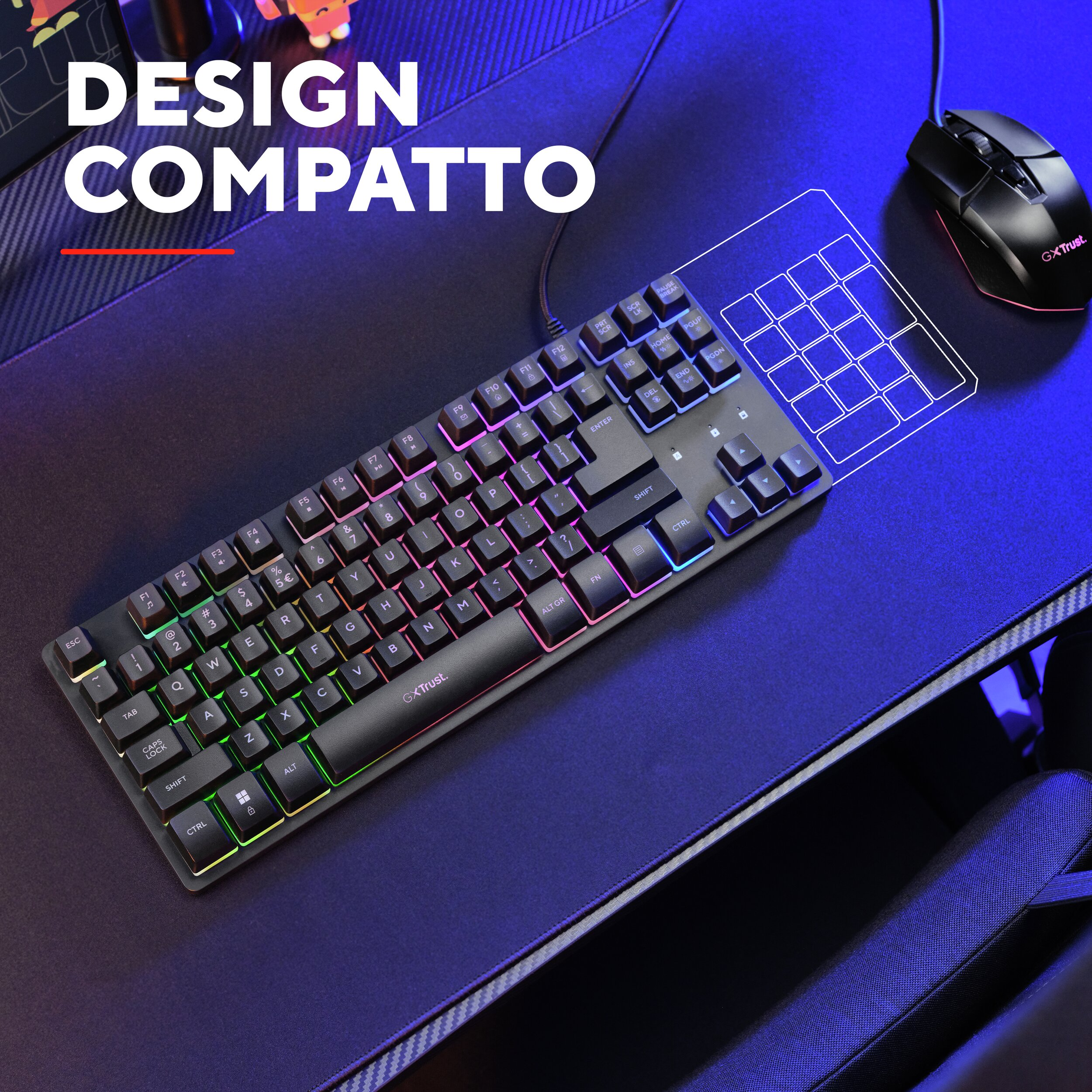 Un teclado gaming negro con iluminación RGB y un ratón sobre una alfombrilla negra.