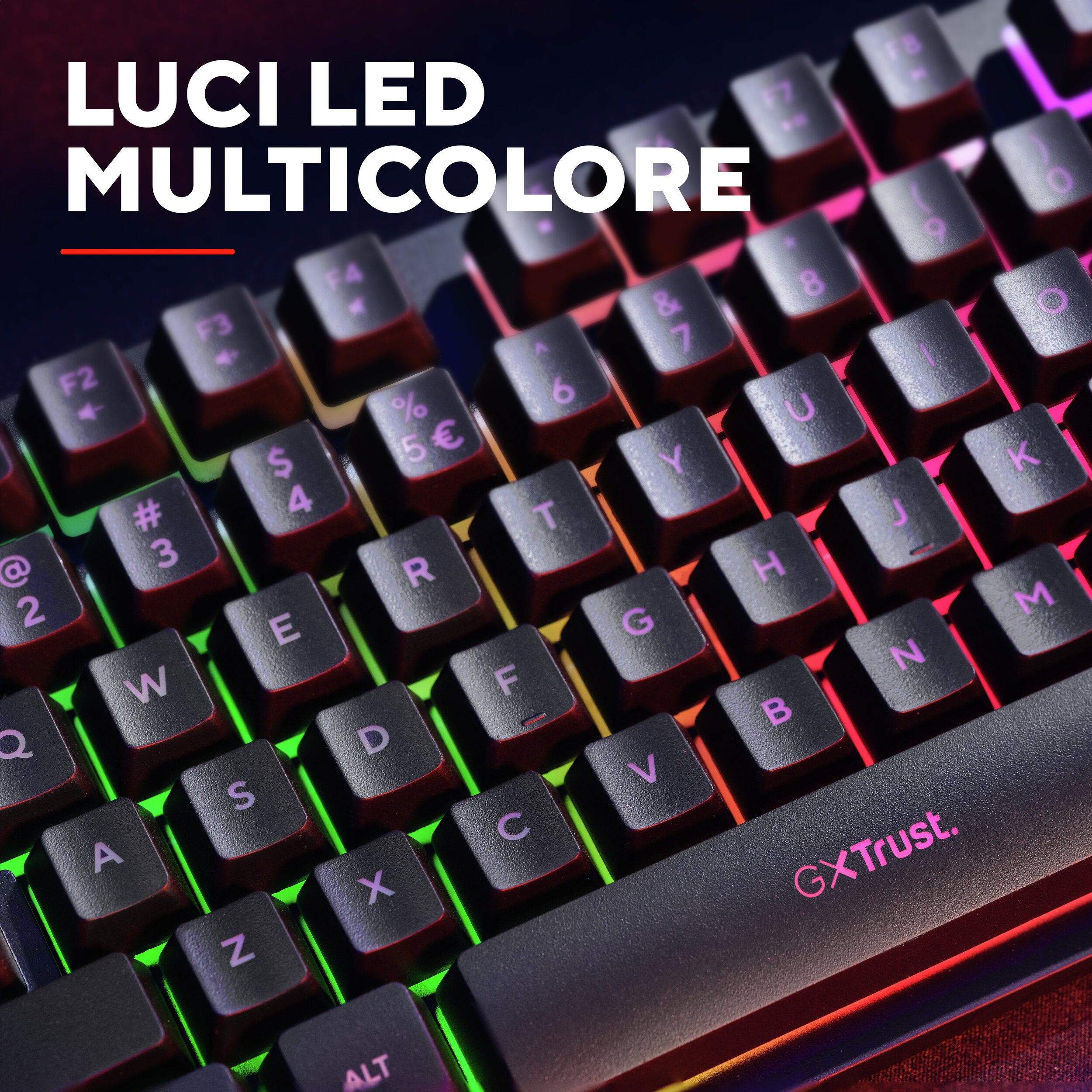 Primer plano de un teclado negro con retroiluminación LED multicolor. Logo GXTrust.
