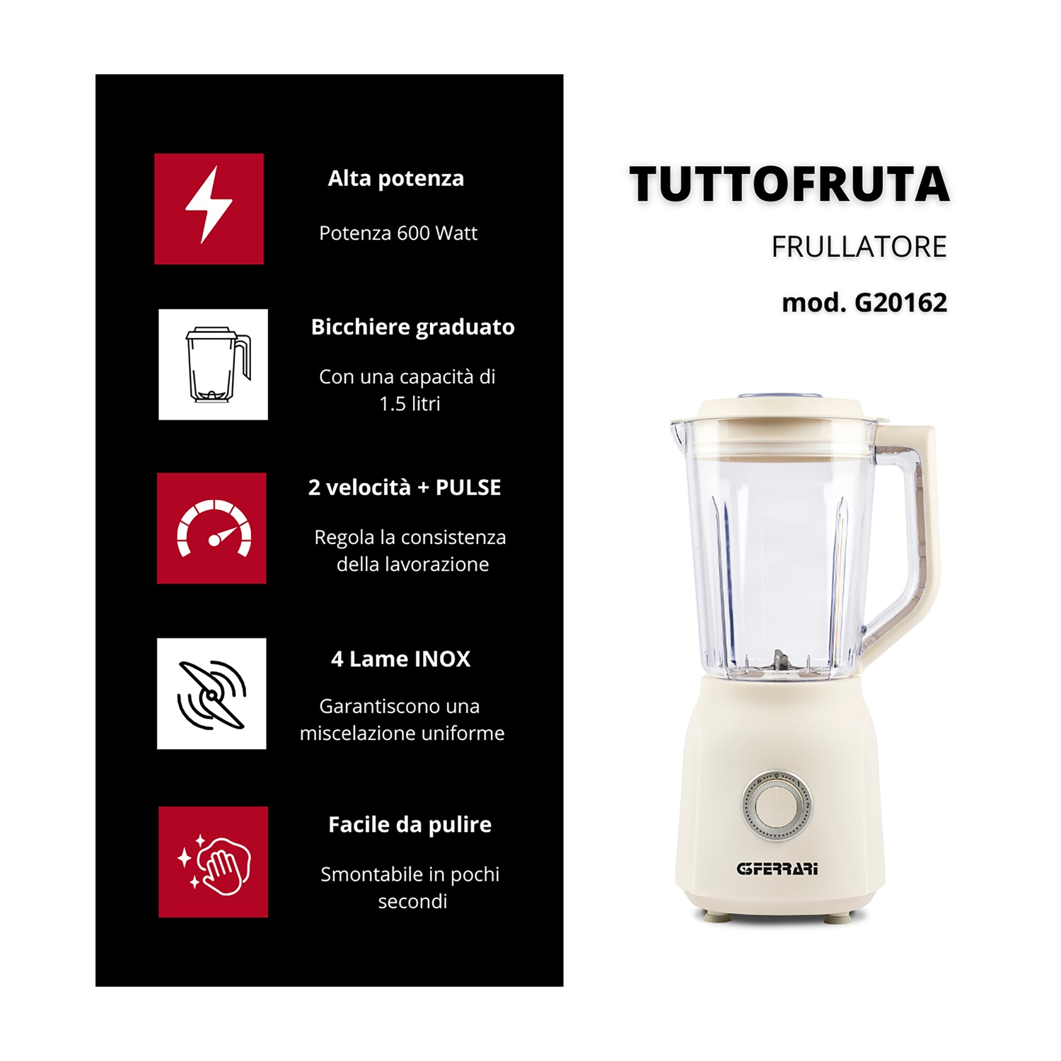 Un frullatore color crema con due velocità e funzione pulse, potenza 600 Watt.