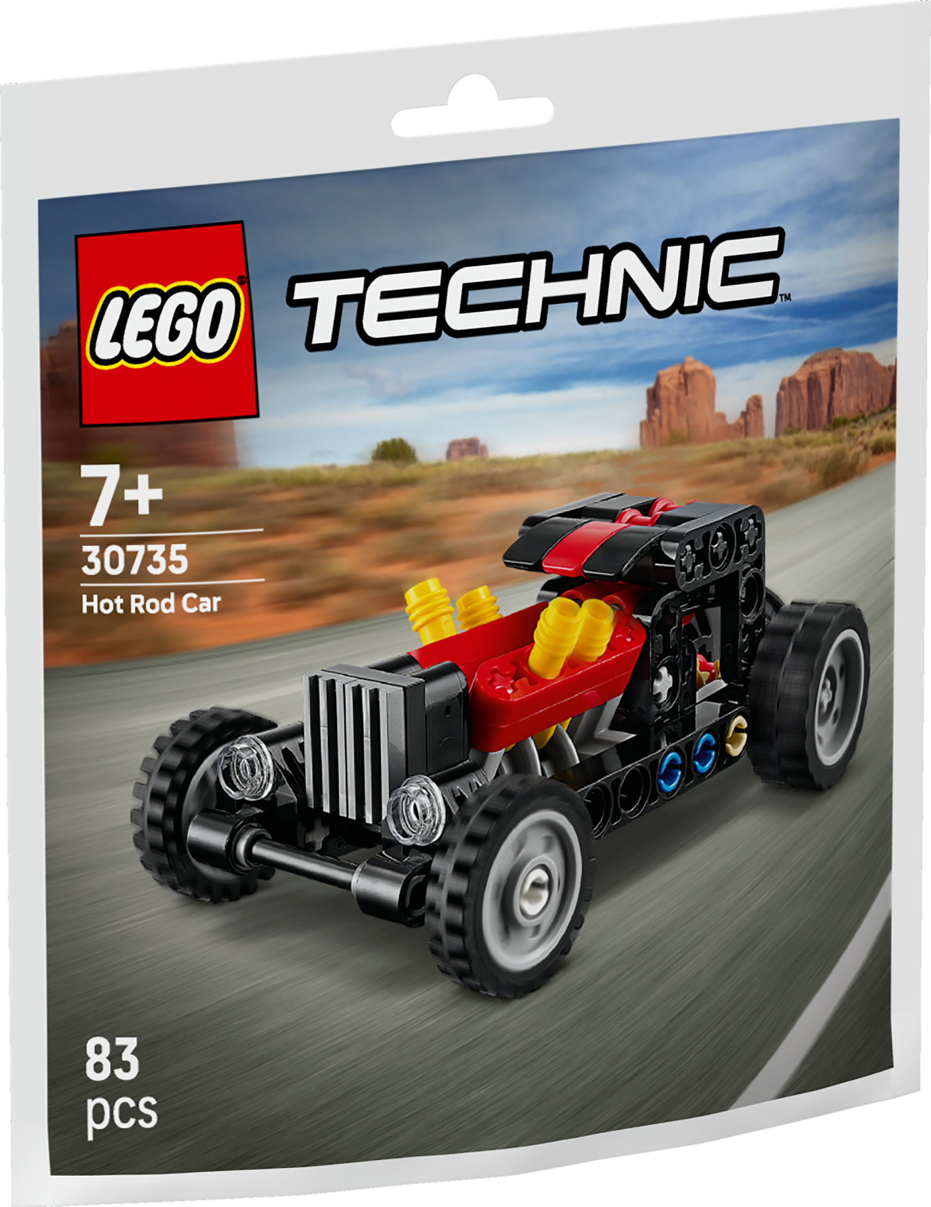 Yolda kırmızı ve sarı vurgulu siyah bir Lego Technic hot rod.