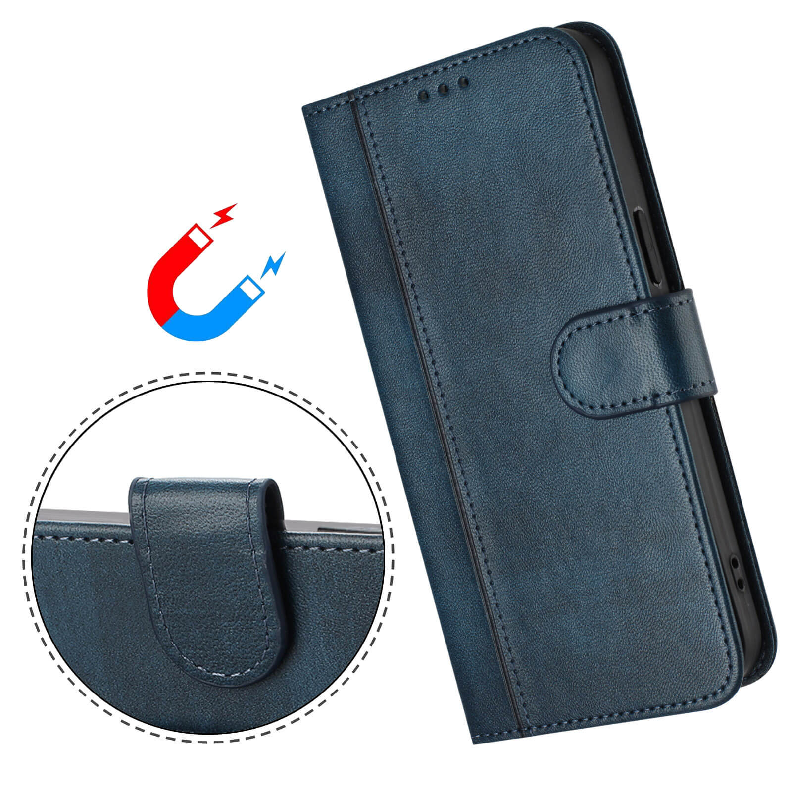 Copri telefono blu scuro con chiusura magnetica e primo piano della chiusura.