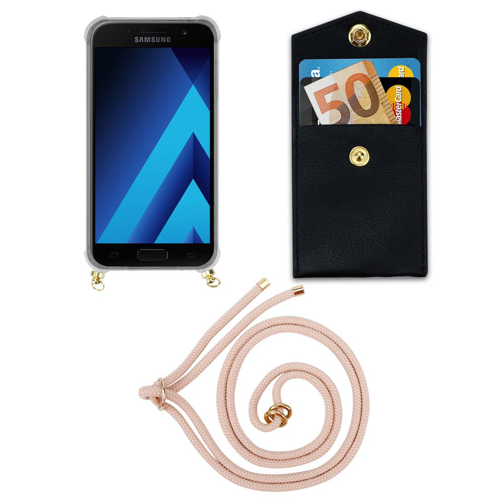 Telefono Samsung con custodia, porta carte nero con euro e cordino rosa.