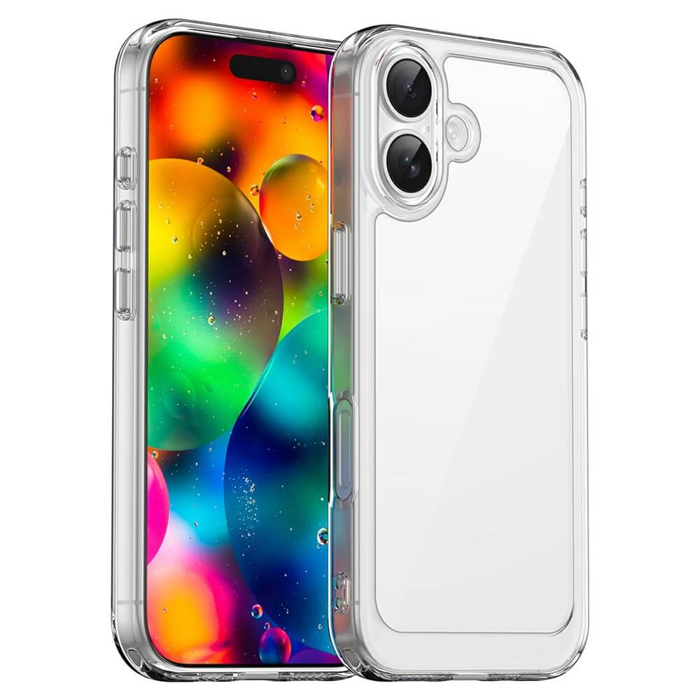 Una custodia trasparente per telefono con uno sfondo astratto colorato.