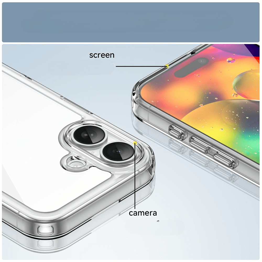 Custodia trasparente per telefono mostra modulo fotocamera e schermo con icone colorate.
