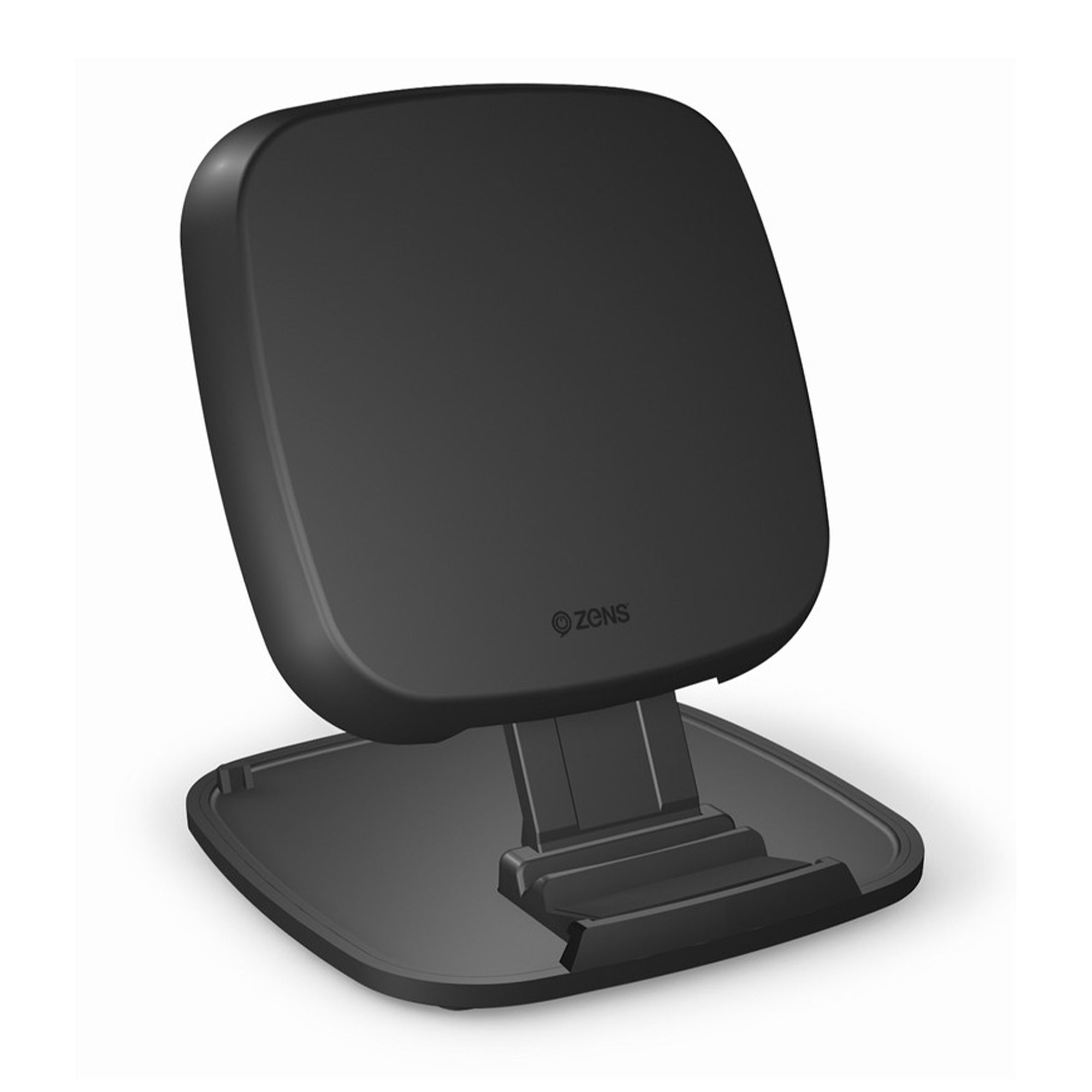 Un support noir réglable pour téléphone ou tablette, avec un logo.